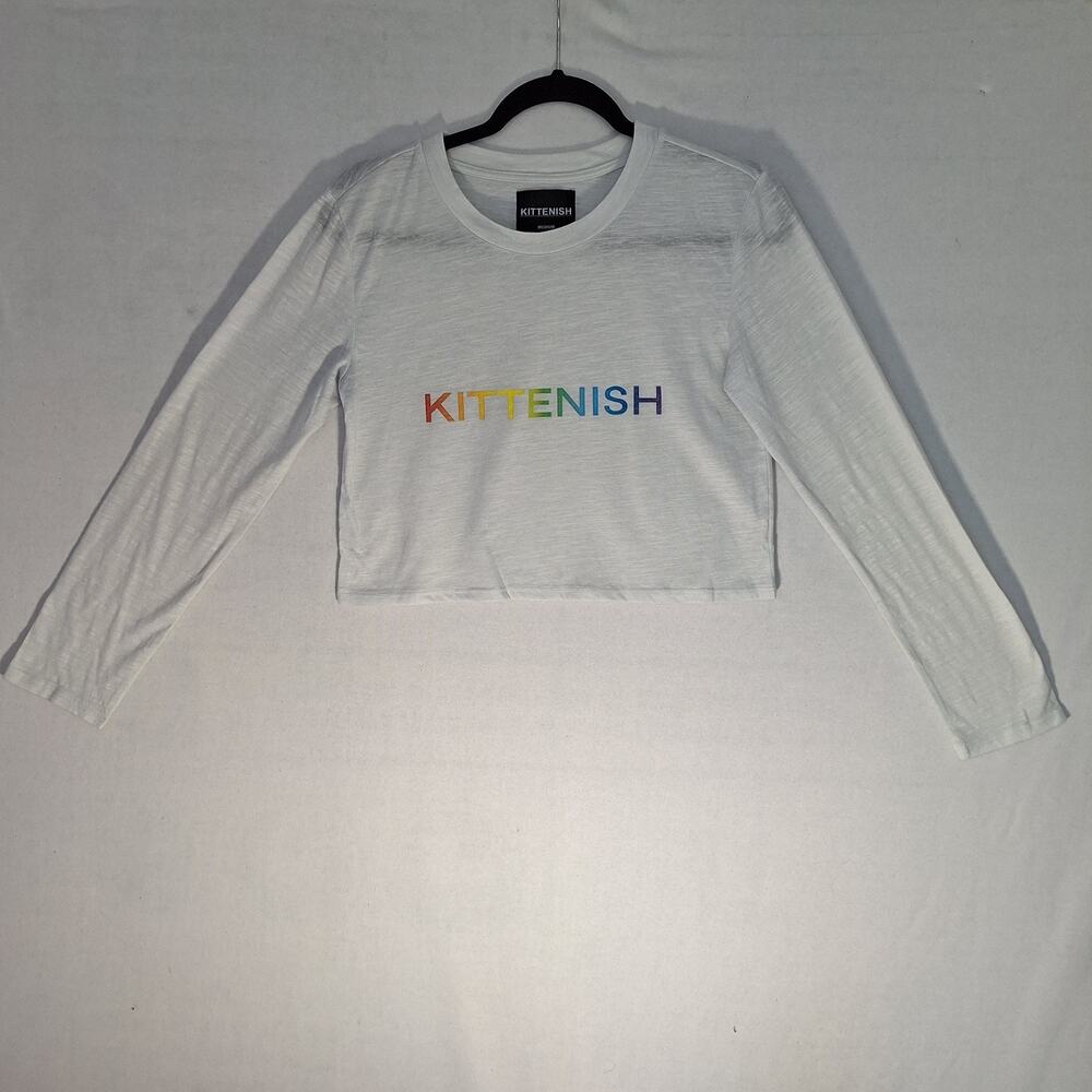 Kittenish Cropped Tee M Rainbow Spell Out Long Sleeve Sheer Cover Up Pride June